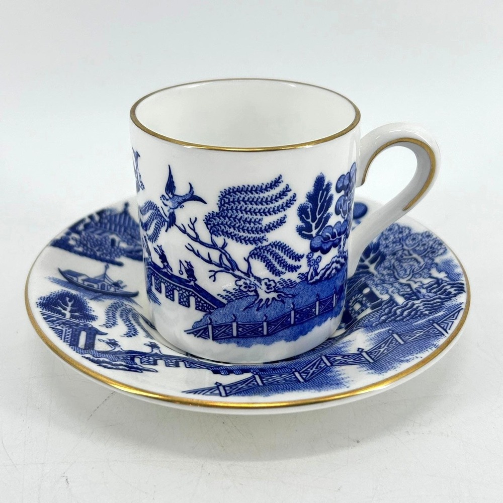 Coalport Blue Willow Demitasse Cup & Saucer Set Bone China Gold Trim - Damaged